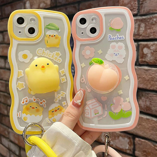 3D Chicken Peach Decompression Toys Ring Strap Holder Wave Phone Case For iphone 15 14 X XR XS 1113 Pro Max 12 Pro 7 8 Plus Gift