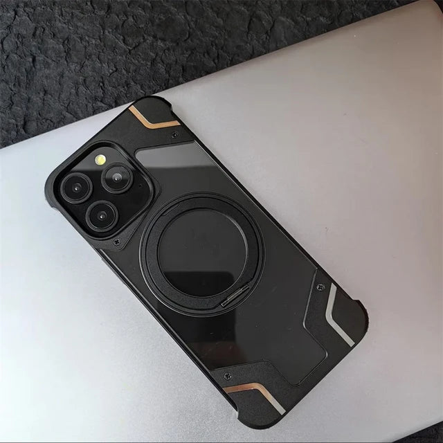 Luxury Magnetic Aluminum Alloy Frameless Transparent Phone Case For iPhone 16 13 14 15 Pro Max Plus 360 Bracket Shockproof Cover