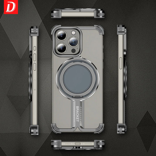 Luxury Titanium Alloy Bumper Phone Case For iPhone 12 13 14 15 16 Pro Max 16Plus 16Pro Metal Magnetic 360° Stand Rimless Cover