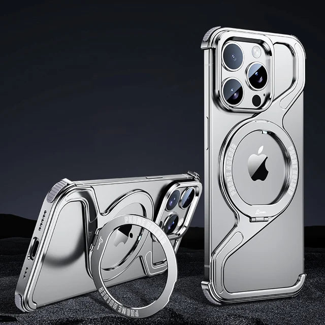 Magnetic MagSafe Luxury Metal Z Shape Stand Phone Case For Apple iPhone13 14 15promax Removable Snap-on Rimless Shockproof Cover