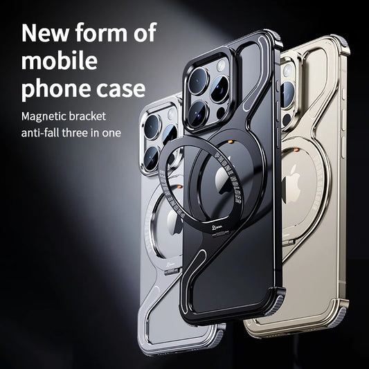 Magnetic MagSafe Luxury Metal Z Shape Stand Phone Case For Apple iPhone13 14 15promax Removable Snap-on Rimless Shockproof Cover