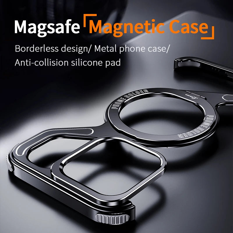 Magnetic MagSafe Luxury Metal Z Shape Stand Phone Case For Apple iPhone13 14 15promax Removable Snap-on Rimless Shockproof Cover