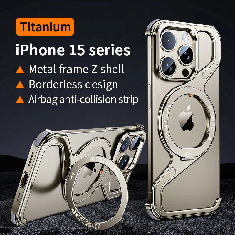 Magnetic MagSafe Luxury Metal Z Shape Stand Phone Case For Apple iPhone13 14 15promax Removable Snap-on Rimless Shockproof Cover